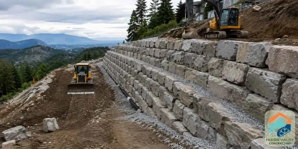 Large retaining wall on backside of Chilliwack mountain with excavators at work