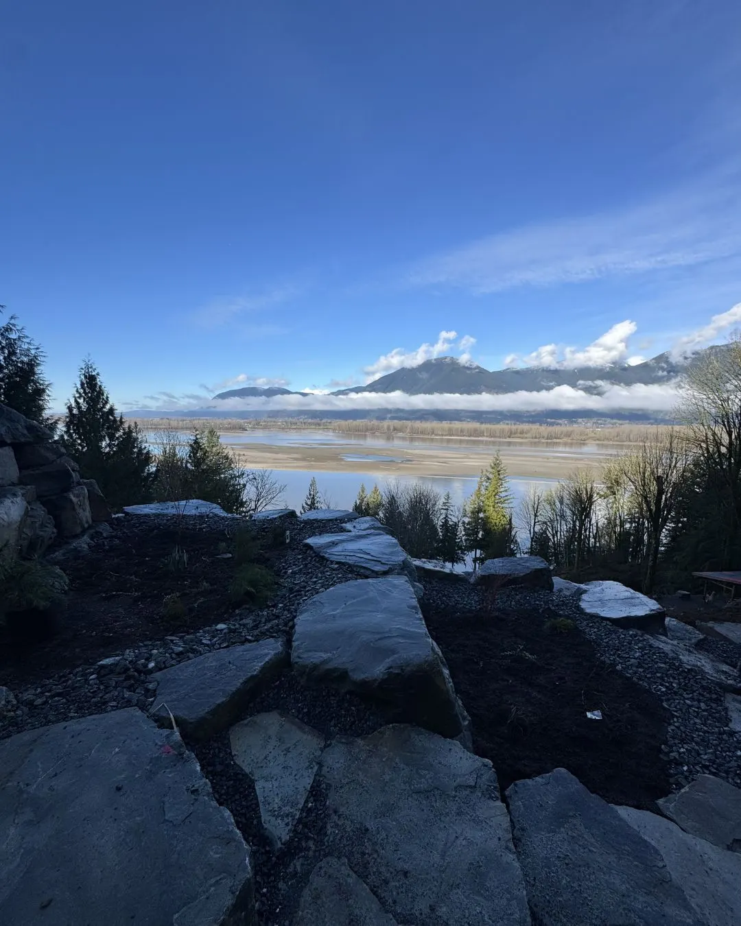 A flagstone patio overlooking the Fraser Valley