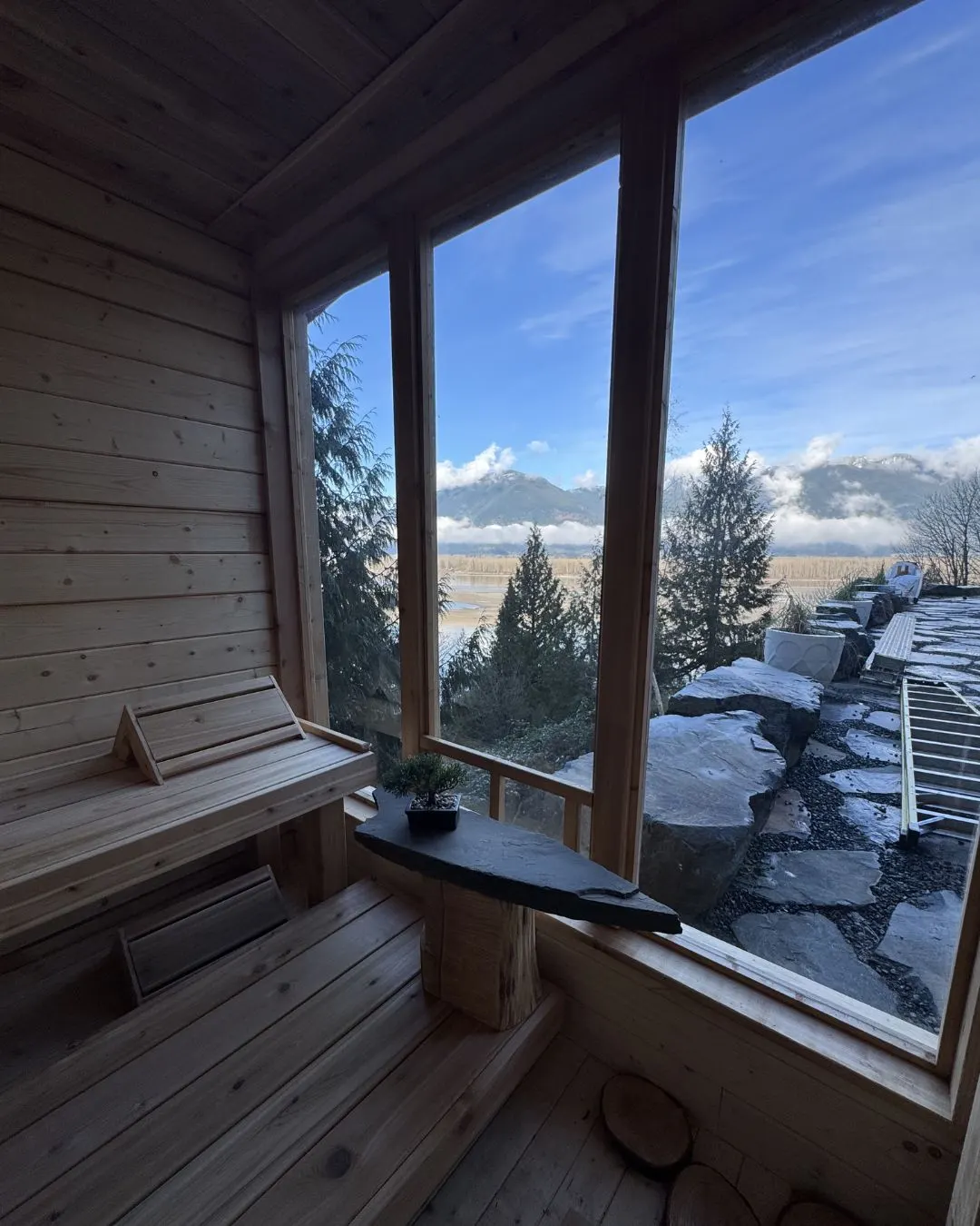 The view out of the cedar sauna window