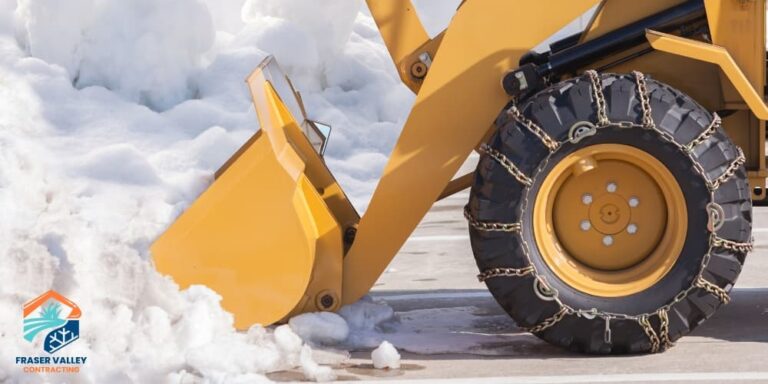 Tractor removing snow in commercial parking lot