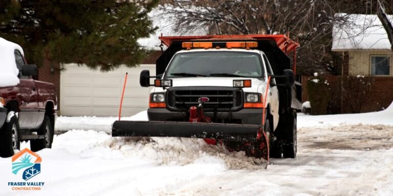 Truck with plow mount, clearing road