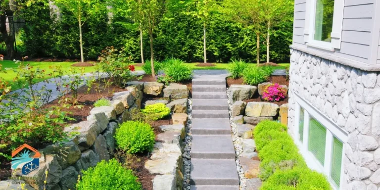 hardscaped residential backyard with multi level garden beds and new foot path