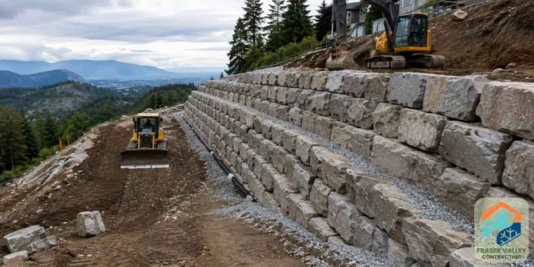 Large retaining wall on backside of Chilliwack mountain with excavators at work