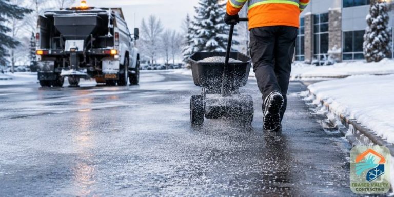 Roadway and sidewalk deicing worker spreading salt on an icy road with a snow-clearing truck in the background
